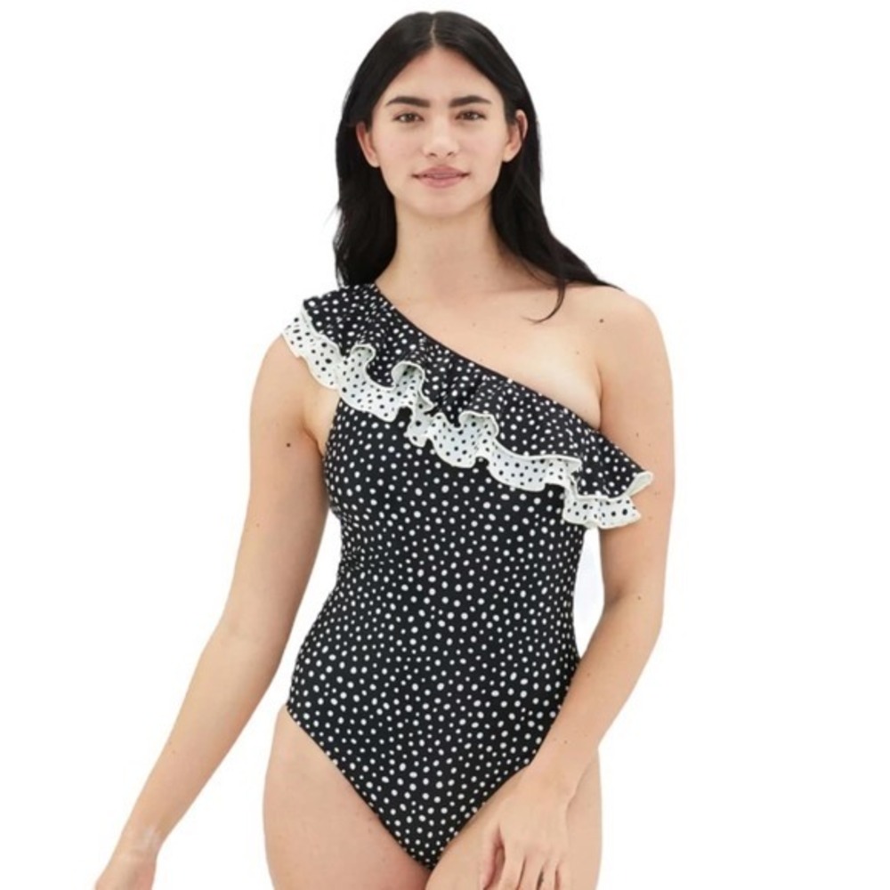 Summersalt Black and Cream Polka Dot One Shoulder One-Piece‎ Swimsuit Size 4